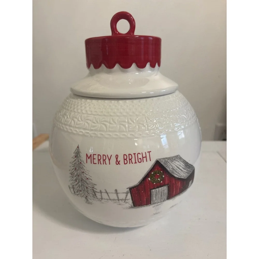10 Strawberry Street Merry & Bright Red Barn Christmas Ornament Cookie Jar